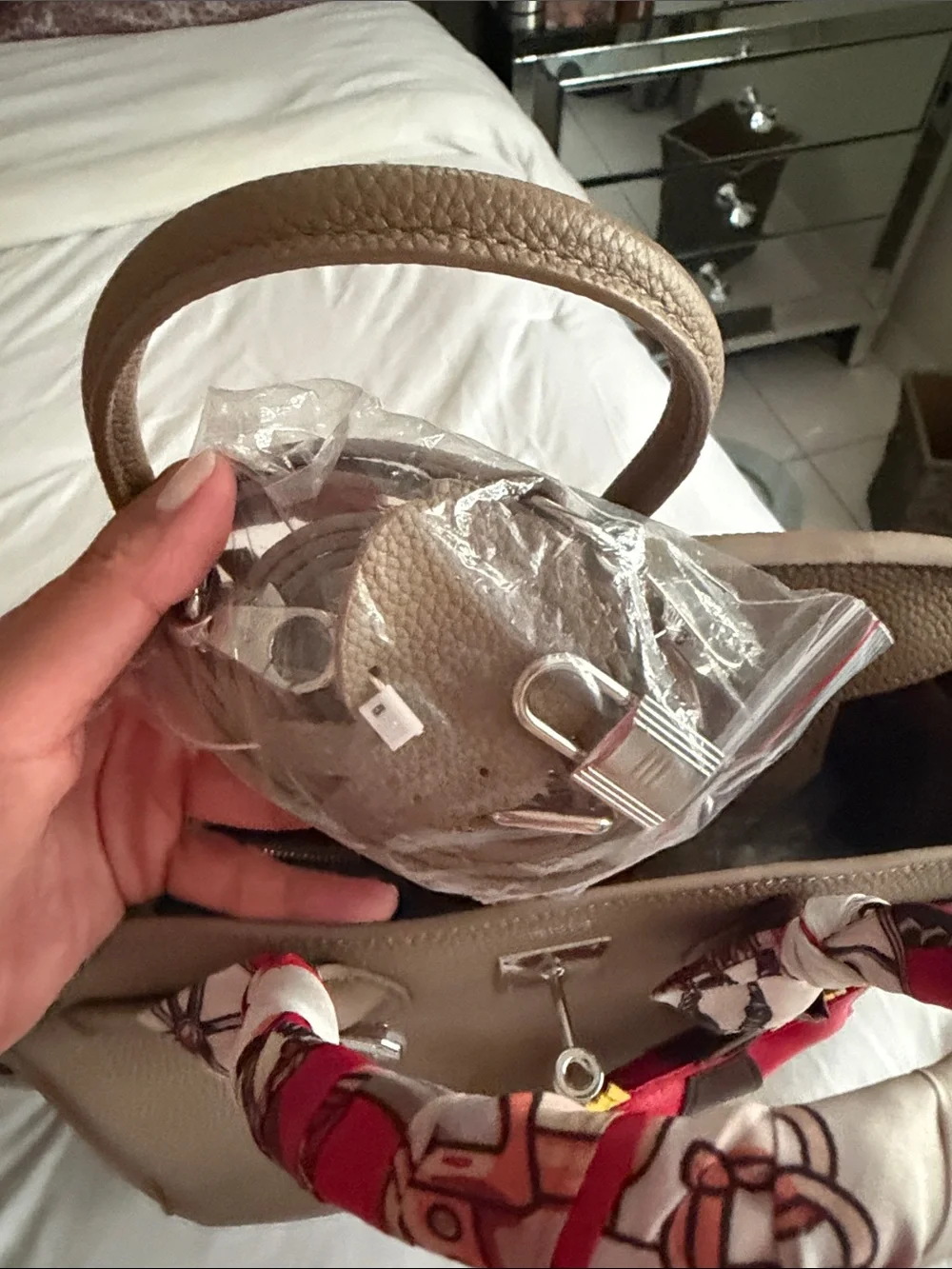 Taupe Pebbled Leather Tote with Red Horse Charm